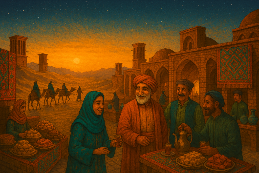 شترسواری و بازدید از کاروانسراها و نوشیدن چای در فضای سنتی
